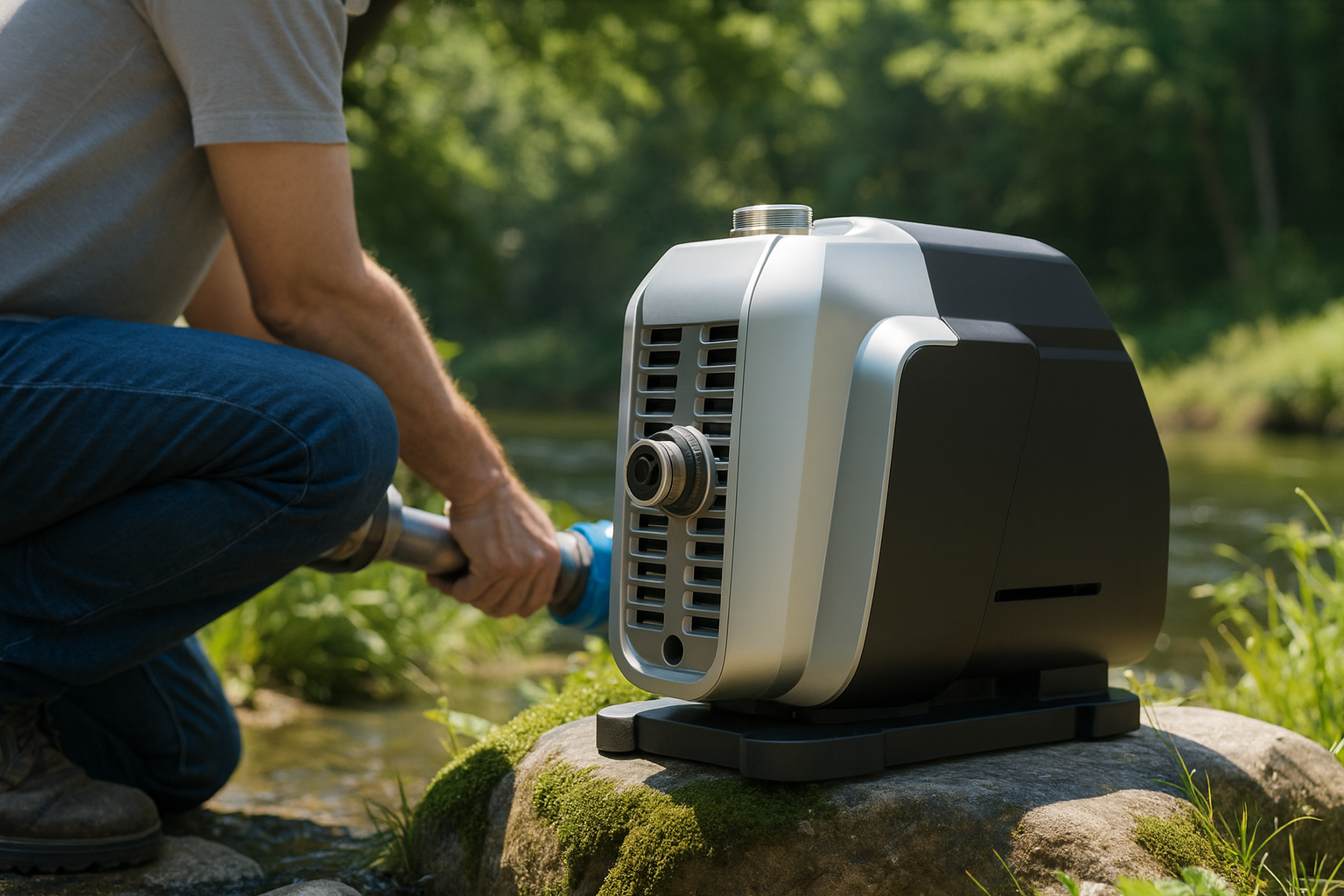 Outdoor installation of a RAFSUN Booster Pump placed on a stone near a river, with a technician connecting a water hose to the pump inlet. The modern RAFSUN Booster Pump features a durable housing and compact design, making it suitable for off-grid, rural, or garden applications. Surrounded by greenery, the setting highlights the pump’s versatility for drawing water from natural sources. This RAFSUN Booster Pump ensures stable water pressure, energy efficiency, and reliable performance in residential, agricultural, and outdoor environments.