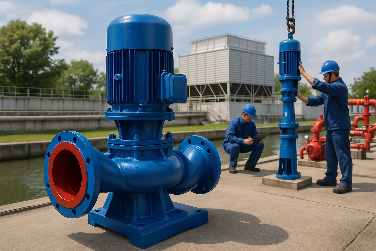 An industrial complex featuring large-scale pumps from a major manufacturer.
