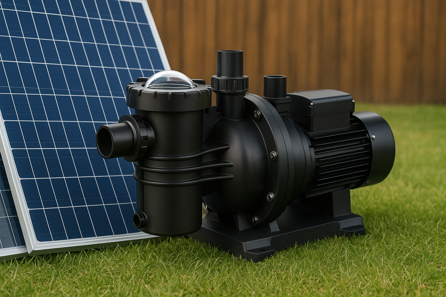A split image showing a high electricity bill on one side and a solar pool pump system on the other.