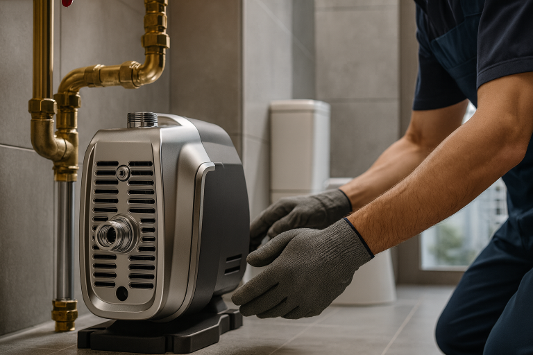 Image showing a technician installing a RAFSUN Multistage Pump indoors. The compact, stainless-steel multistage pump is connected to brass water pipes, designed for boosting water pressure in residential and commercial applications. The technician, wearing protective gloves, adjusts the RAFSUN pump to ensure proper installation and reliable performance. This RAFSUN Multistage Pump delivers high efficiency, stable pressure, and consistent water flow for bathrooms, kitchens, and multi-story buildings.
