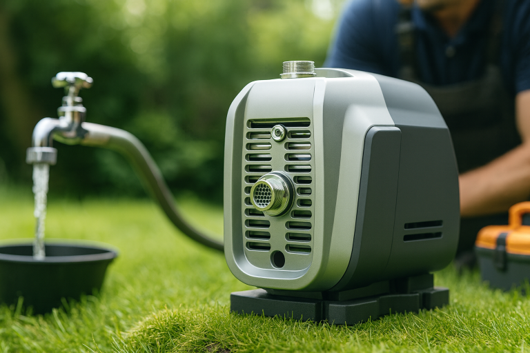 A high-performance RAFSUN inverter water pump installed outdoors on a green lawn, connected to a water tap for garden irrigation. The modern design of the RAFSUN inverter pump highlights its durable housing, energy-efficient technology, and suitability for domestic water supply applications such as showers, kitchens, washing machines, garden irrigation, and hot water systems. A technician is seen working in the background, emphasizing professional installation and B2B reliability.