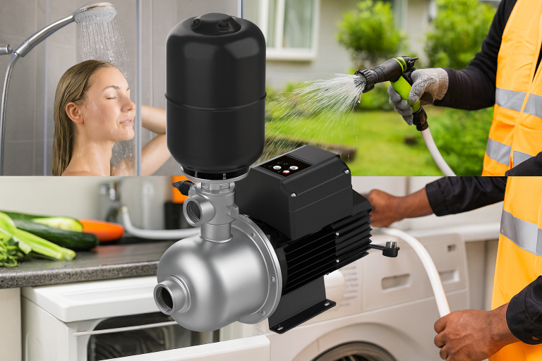 A RAFSUN inverter water pump is displayed prominently in the center, designed for household and garden water boosting applications. The image illustrates multiple real-life uses: a woman enjoying a steady shower with consistent water pressure, a gardener in safety gear watering plants with a hose, and a person using the pump to supply water to a washing machine in a kitchen setting. The RAFSUN pump features a stainless-steel body, an integrated pressure tank, and a digital control panel, highlighting its efficiency, durability, and versatility for daily residential and irrigation needs.