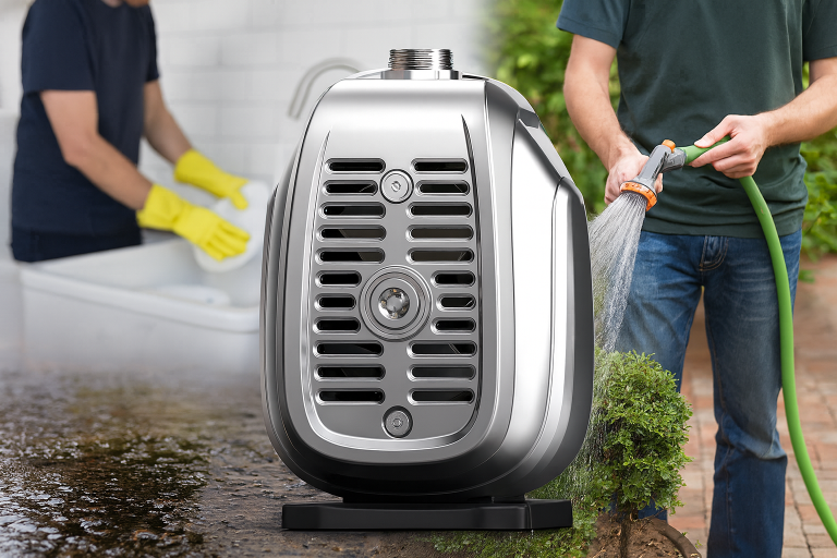 A sleek, modern RAFSUN inverter water pump is shown in close-up with its metallic housing and vented front design. The background highlights dual applications: on the left, a person wearing yellow gloves is washing dishes at a sink, and on the right, another user is watering garden plants with a hose. The image demonstrates the versatility of the RAFSUN inverter water pump for both household water boosting and outdoor irrigation.