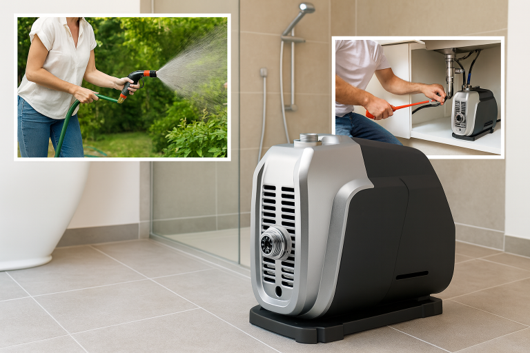 A RAFSUN inverter water pump is showcased in a modern bathroom, highlighting its role in boosting household water pressure. The main unit is positioned on a tiled floor beside a shower, emphasizing domestic water supply applications. Inset images display real-world uses: one shows a person watering a garden with strong water pressure, while another depicts a technician installing the compact RAFSUN inverter water pump under a sink. This demonstrates the pump’s versatility for indoor water systems, garden irrigation, and easy installation in confined spaces.
