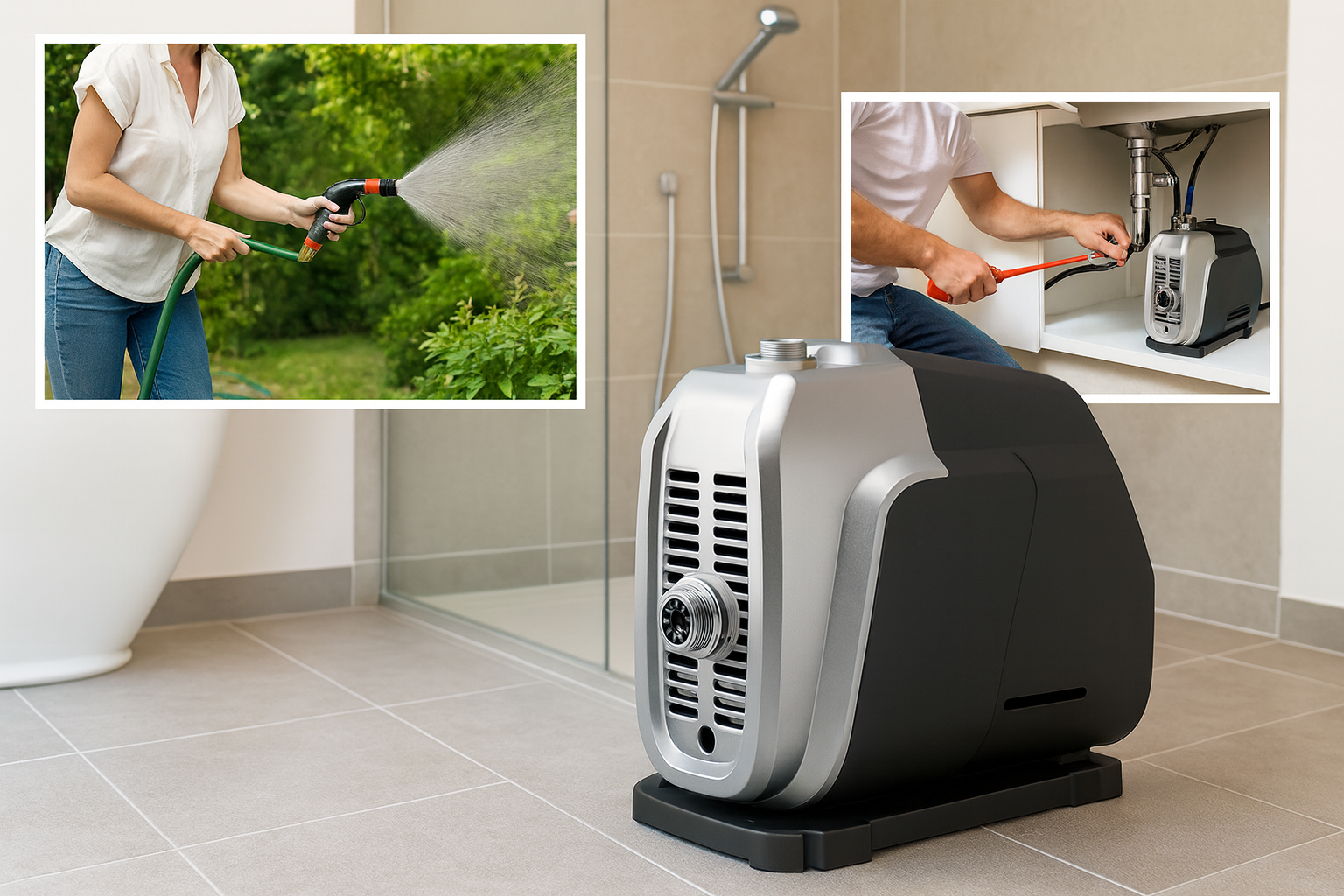 A modern inverter water booster pump installed neatly on a wall.