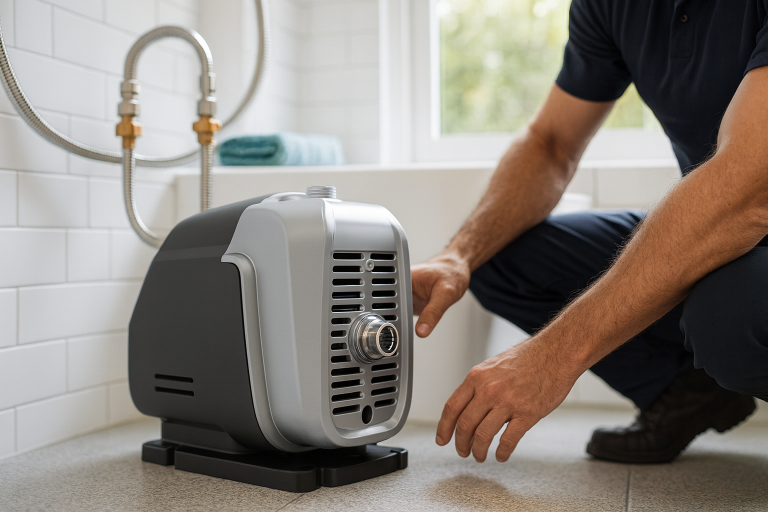 A professional technician installs a RAFSUN Inverter water pump in a modern indoor utility area with tiled walls and stainless steel piping. The compact, black-and-silver booster pump is positioned on the floor, designed to provide stable water pressure for household applications such as showers, kitchens, laundry, and hot water systems. The image highlights the sleek housing, durable connections, and quiet-operation design of the RAFSUN inverter water pump, making it suitable for residential and multi-story building water supply.