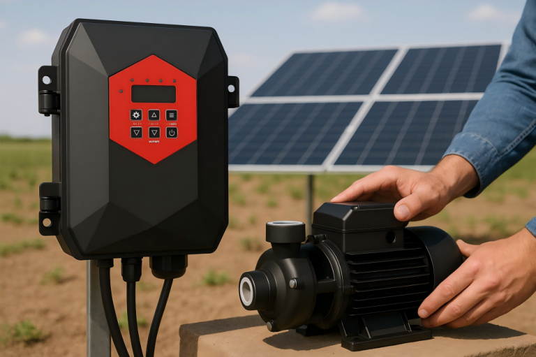 A RAFSUN Solar Booster Pump system installed outdoors with solar panels in the background, featuring a black centrifugal water pump connected to a smart controller, designed for agricultural irrigation, household water supply, and livestock farming, delivering consistent water pressure using clean solar energy.