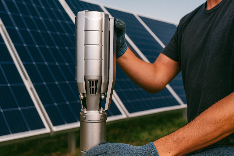 A renewable energy technician installs a RAFSUN Solar Water Pump in front of solar panels. The stainless steel submersible pump is engineered for efficient solar-powered water supply, ideal for agricultural irrigation, household water use, and livestock farming. The RAFSUN solar water pump ensures reliable performance in off-grid and sustainable environments.