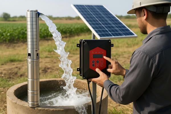 A solar panel array in a field next to a water pump