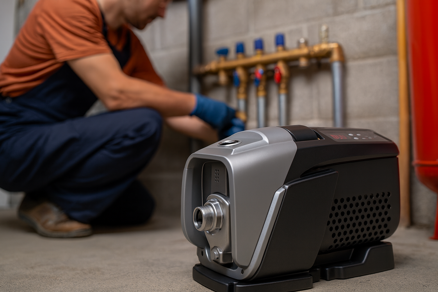 A shiny new RAFSUN variable speed booster pump installed on a clean wall