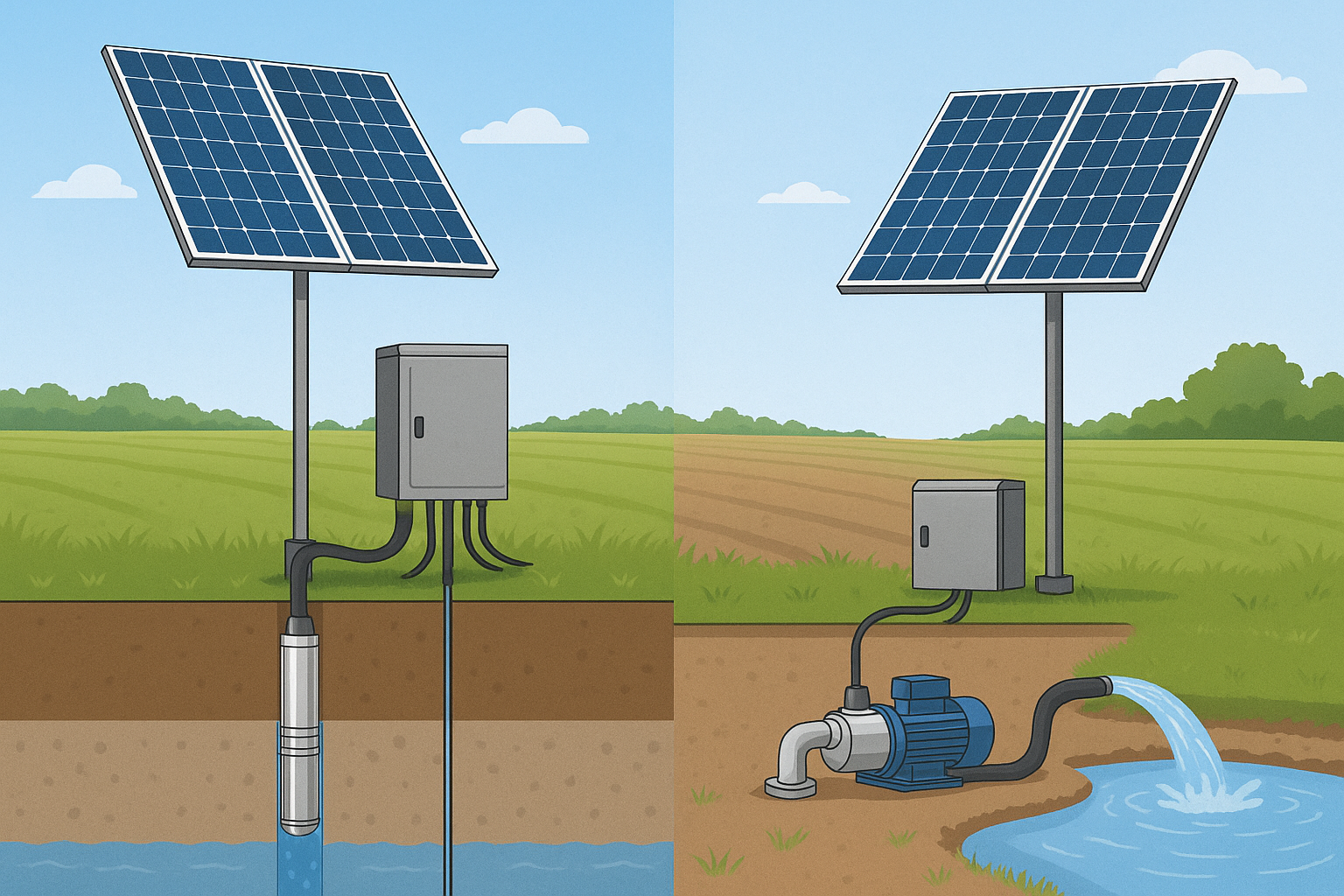 A Rafsun solar pump comparison illustration showing two types of solar pumping systems in a rural off-grid setting. On the left, a Rafsun solar submersible pump is installed in a deep well powered by solar panels, providing efficient water lifting. On the right, a Rafsun solar surface pump draws water from a shallow source, connected to solar panels for easy installation and maintenance, highlighting versatile applications for agriculture and remote communities.