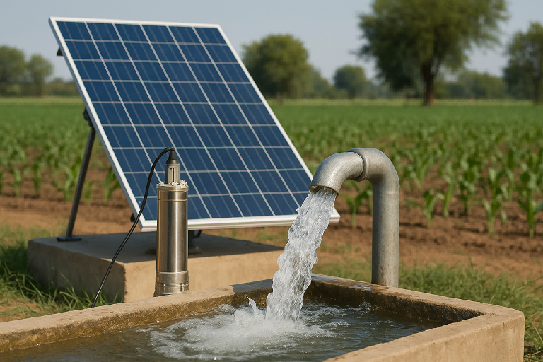 A Rafsun solar pump system installed in farmland, featuring photovoltaic solar panels powering a stainless steel submersible pump that delivers clean water into an irrigation channel. The setup demonstrates eco-friendly technology, reduced carbon footprint, and reliable off-grid water supply for agriculture