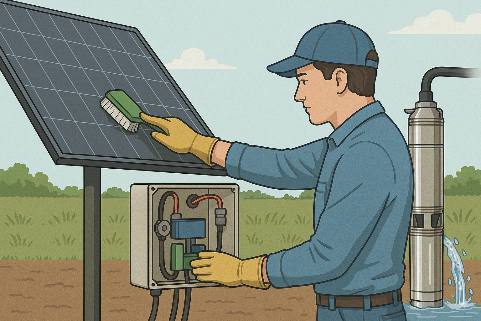 A Rafsun solar pump system undergoing maintenance in a rural agricultural setting. The installation includes photovoltaic solar panels connected to a controller and pump, with a technician inspecting the panels and wiring to ensure reliable operation. The Rafsun solar pump provides sustainable off-grid water solutions with maximized efficiency and extended lifespan.