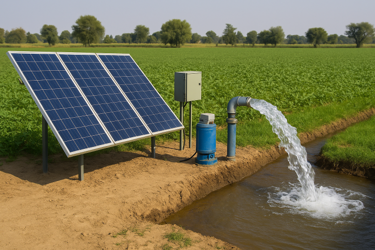 A Rafsun solar pump system installed on farmland, featuring solar panels connected to a pump and controller delivering water for irrigation. The setup demonstrates sustainable farming with reduced energy costs, reliable water supply, and modern off-grid technology.