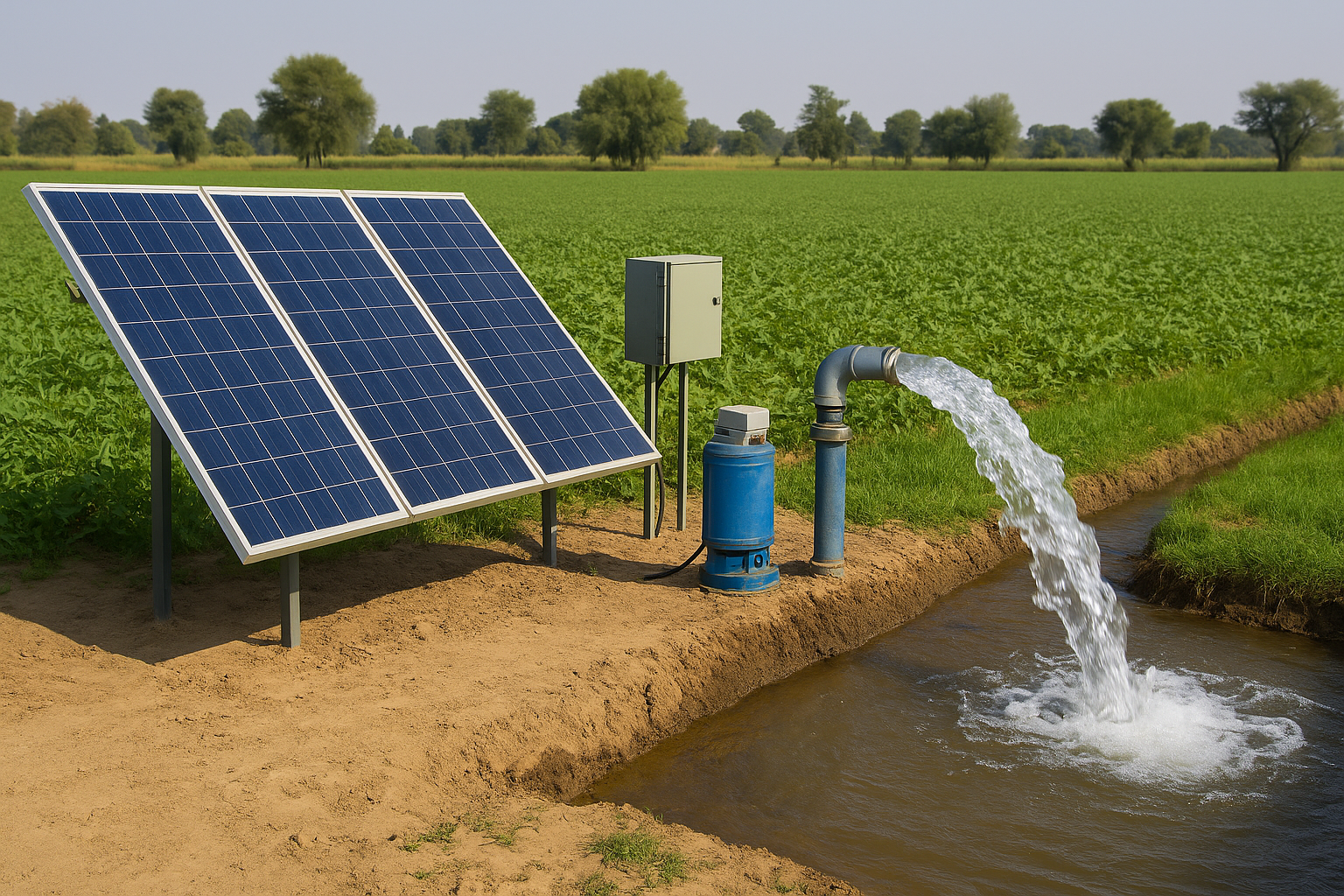 A solar water pump operating in a sunny field