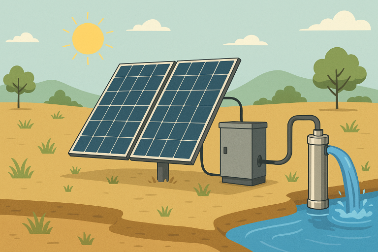 A Rafsun solar pumps system installed in a remote off-grid location, featuring photovoltaic solar panels connected to a control box and a submersible pump delivering water reliably for agriculture or community use, showcasing sustainable and fuel-free water supply solutions