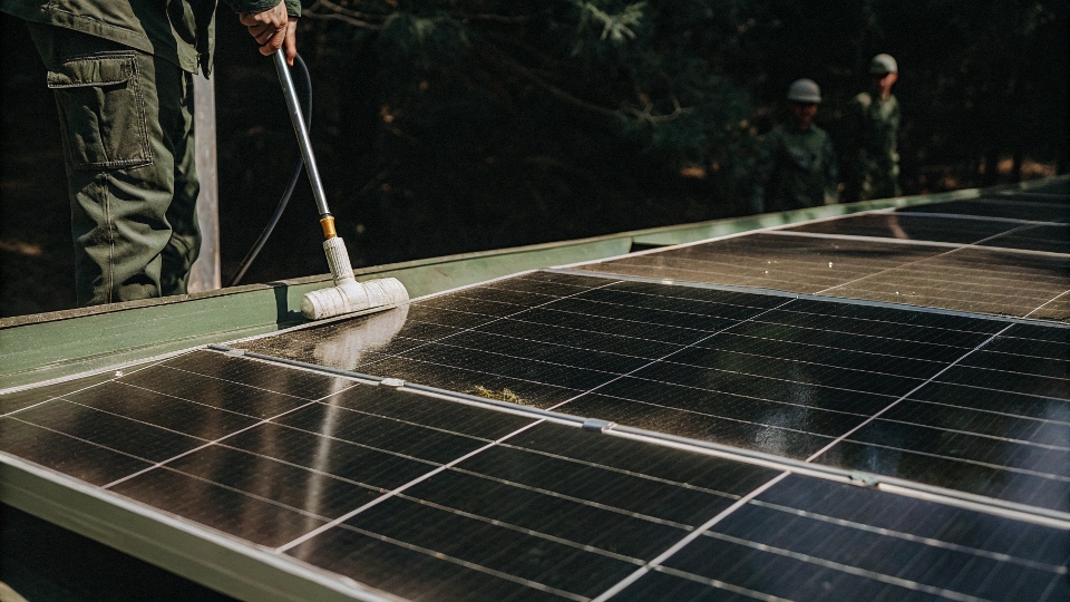 Person safely cleaning solar panels with a long-handled soft brush.