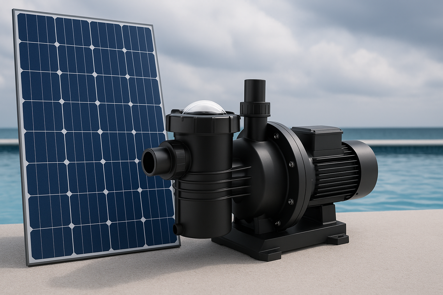 A solar pool pump running smoothly on a slightly overcast day, with a clean pool in view.
