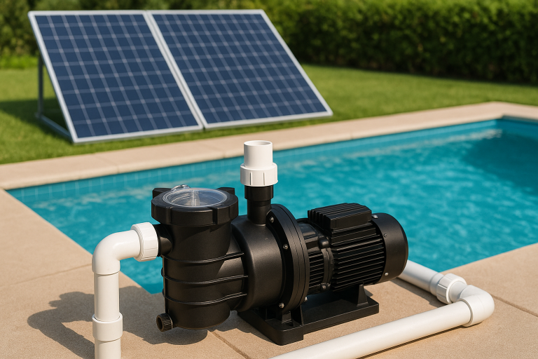 A modern rafsun solar pool pump installed beside a clean blue swimming pool, connected with white PVC pipes. In the background, solar panels are angled toward the sun on a green lawn, showcasing an eco-friendly pool filtration system powered by solar energy.