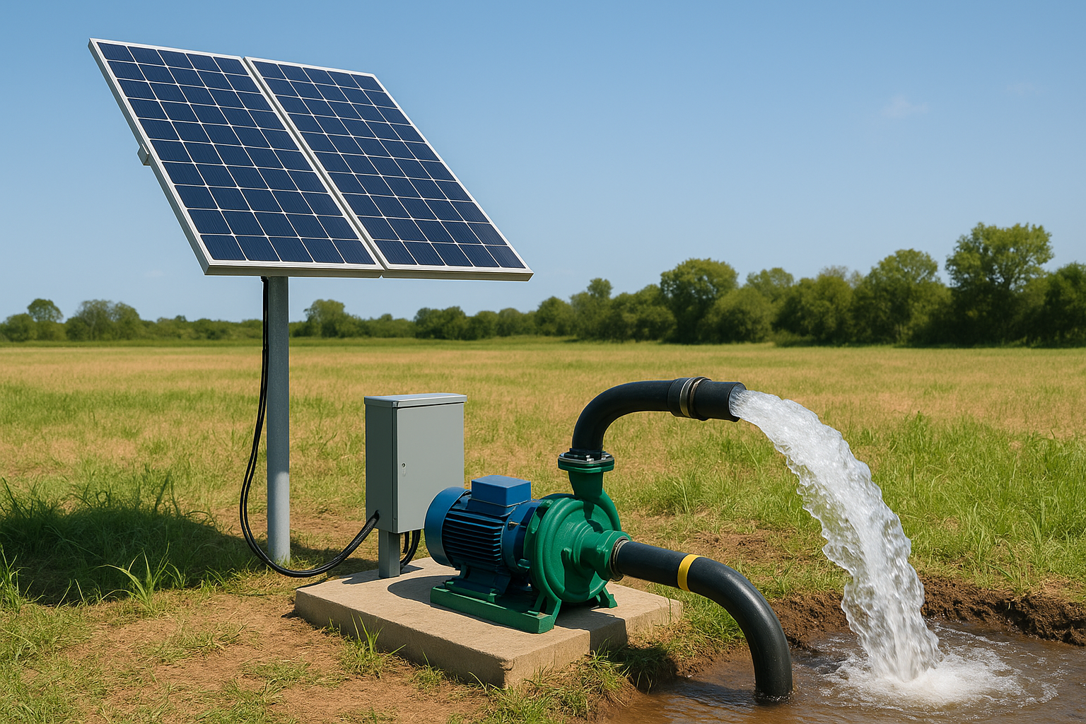 A solar panel array in a field connected to a water pump