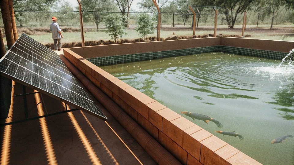 An aerial view of a fish farm with paddlewheel aerators powered by solar panels on the bank
