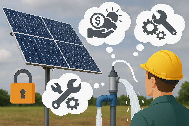 A rafsun solar water pump system installed outdoors with large solar panels powering a pump that delivers flowing water. A technician in a yellow hard hat observes the setup while icons highlight common concerns such as high cost, weather dependence, maintenance, security risks, and limited night operation. The scene represents both the advantages and disadvantages of solar water pumps for agricultural and rural applications.