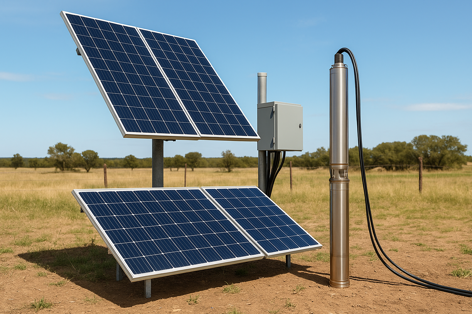 A large array of solar panels in a field next to a water pump