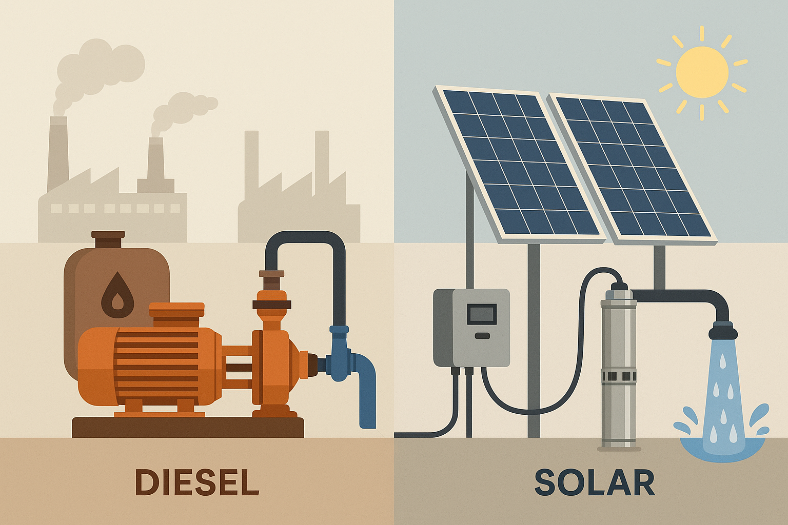A split image showing a solar pump in a sunny field and a diesel pump at a construction site