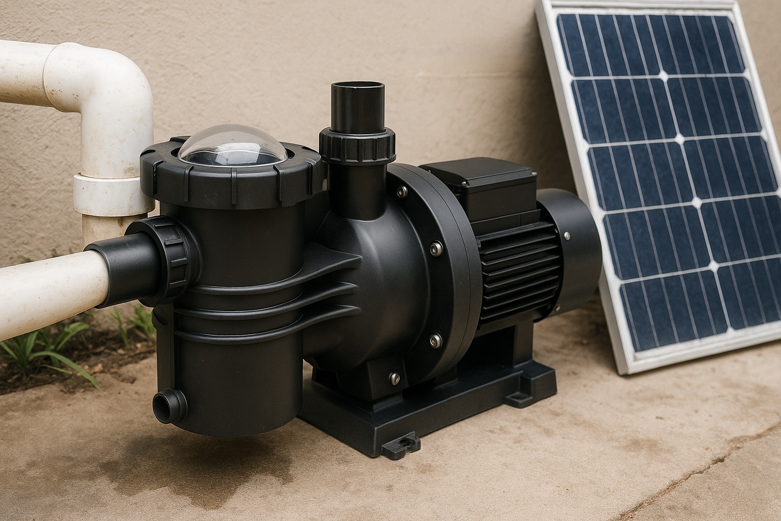 A non-working solar pool pump next to a cloudy swimming pool