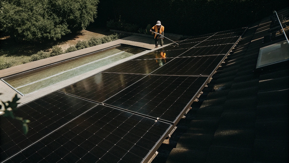 Image showing a solar pool pump connected to other solar applications like a solar well pump and home rooftop solar, showing a connected ecosystem