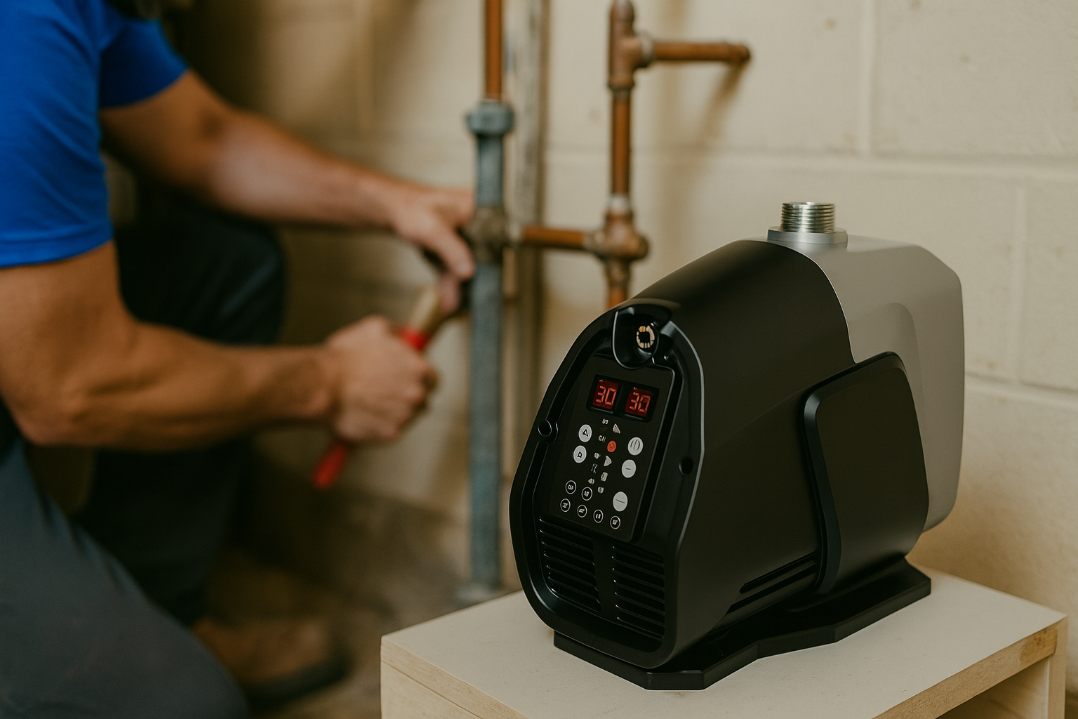 A standalone VFD controller next to an older, traditional pump