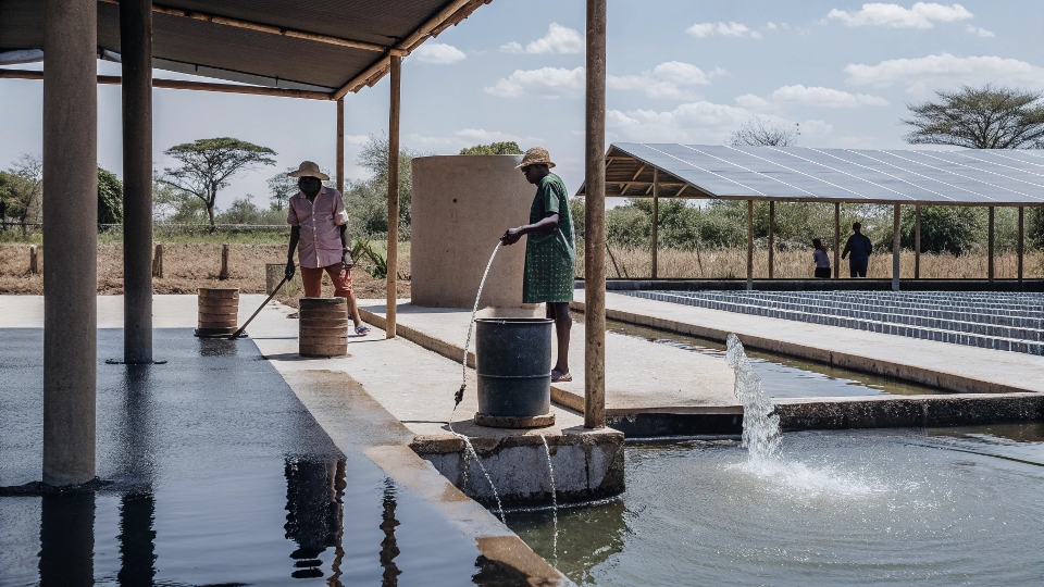 A collage of surprising solar water pump uses: an eco-resort, a fish farm, a community water station, and an art fountain