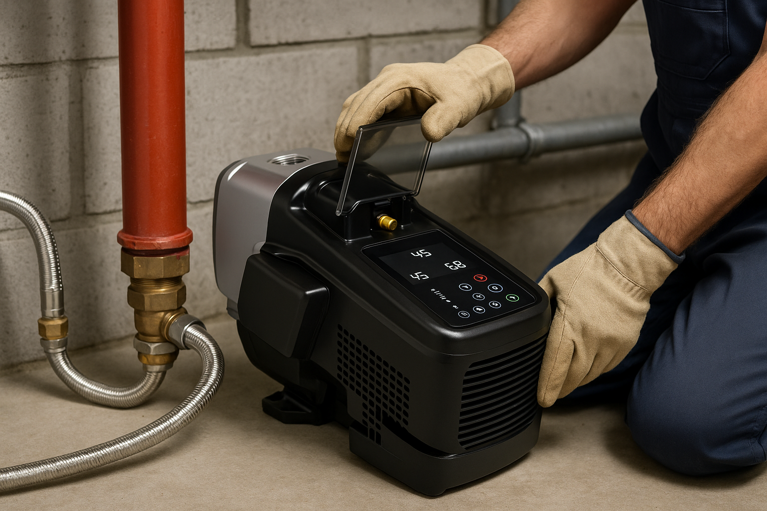 A modern variable speed drive pump installed in a clean utility room