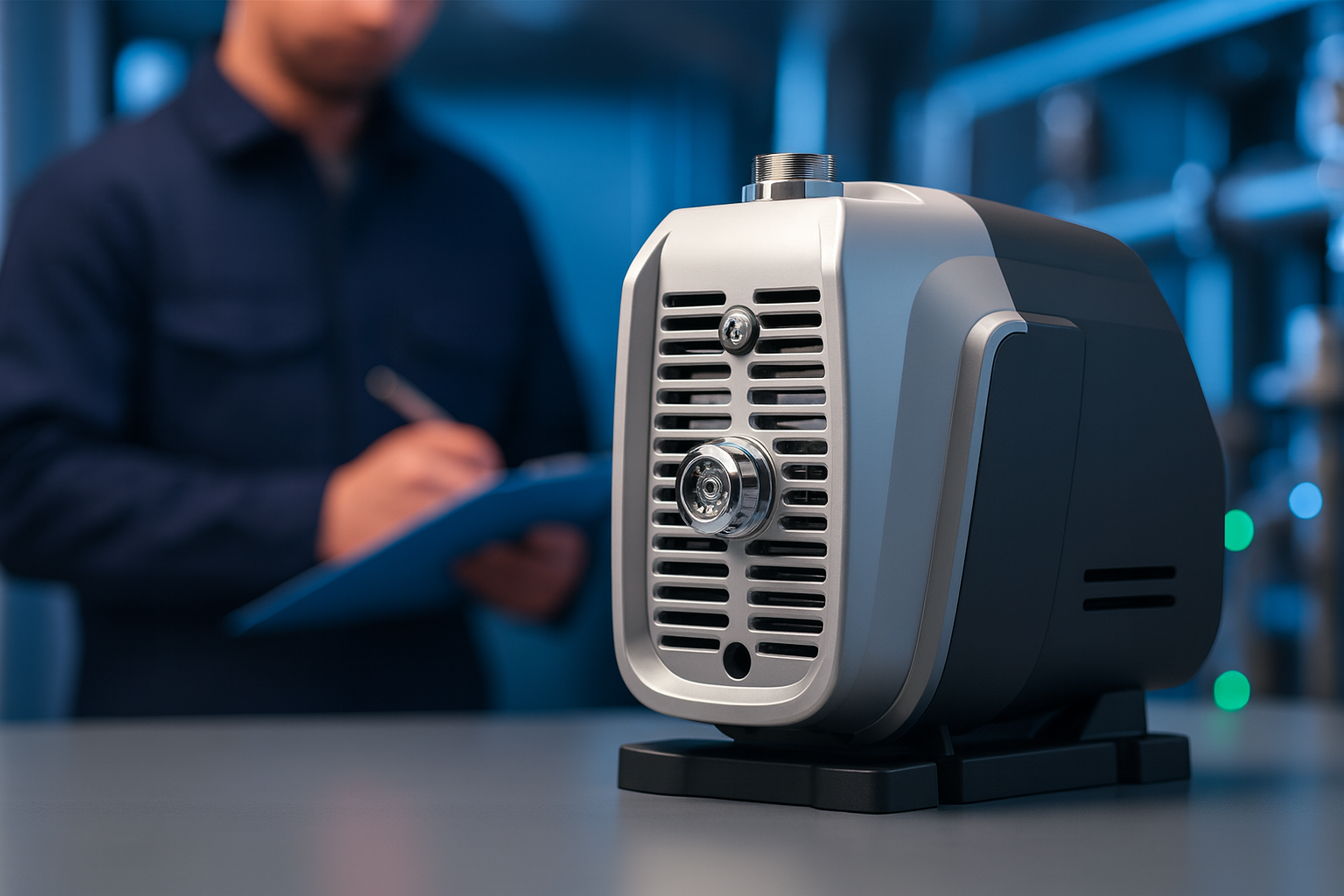 A modern VFD booster pump installed in a clean utility room.