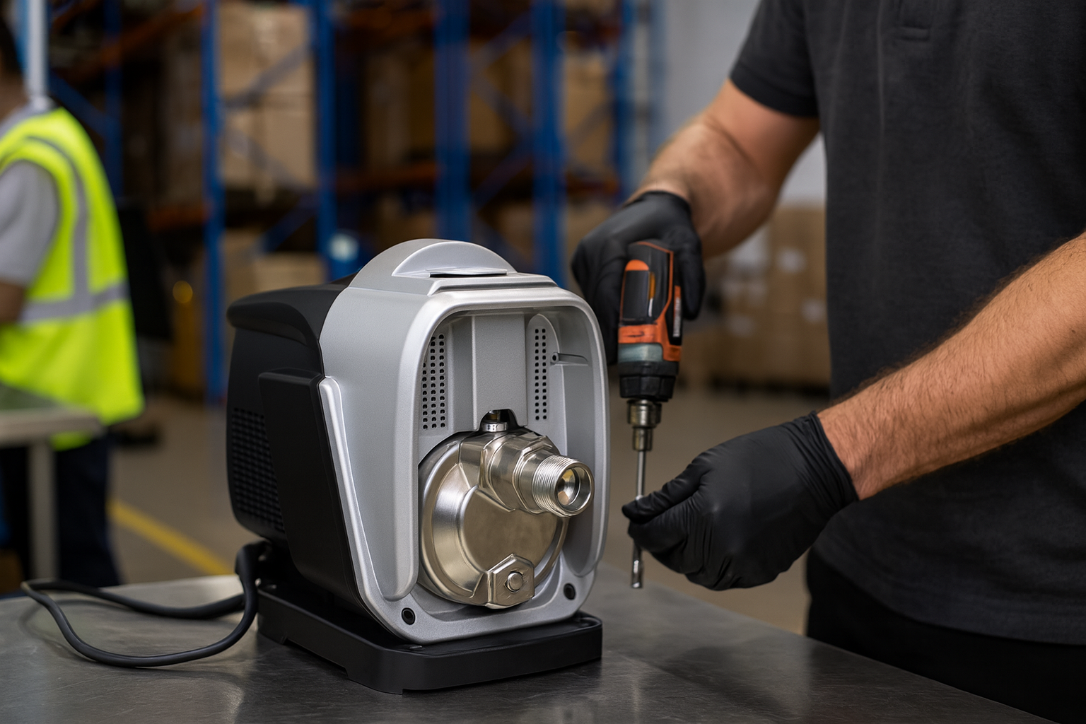Side-by-side comparison of a bulky, old pump and a sleek, modern VSD booster pump.