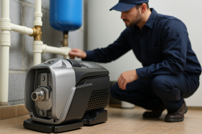 A RAFSUN variable speed pump installed in a modern utility room, with a professional plumber in uniform crouching nearby to check the water connections. The sleek black-and-silver pump is placed on a tiled floor beside PVC piping and a blue pressure tank, highlighting its use in residential water boosting applications.