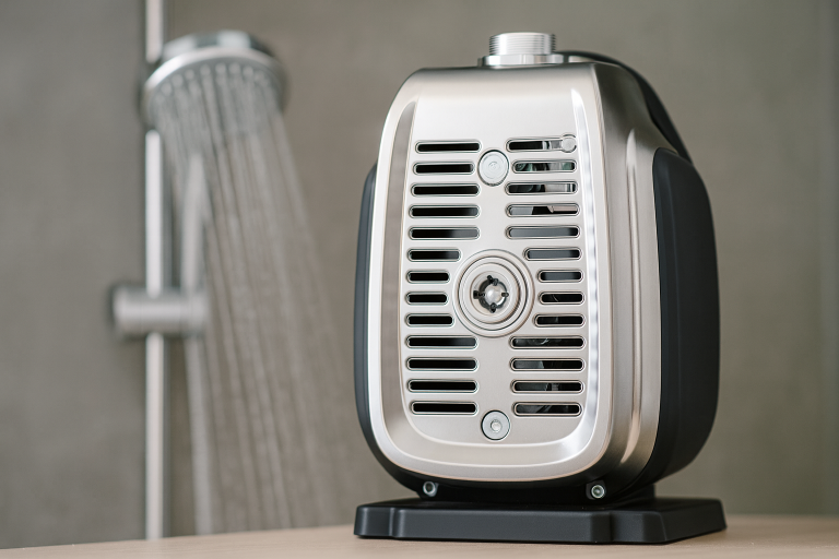 A modern RAFSUN variable frequency drive (VFD) water booster pump designed for home and commercial applications, placed indoors with a shower in the background. The pump features a sleek silver and black housing with a stainless steel connector, highlighting advanced engineering for energy efficiency, quiet operation, and strong water pressure performance. Ideal for achieving stable flow and maximizing pump efficiency with smart variable speed control.