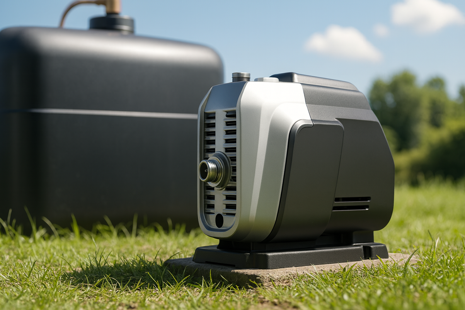A split image showing a booster pump connected to a city pipe on one side, and a well pump pulling water from underground on the other.