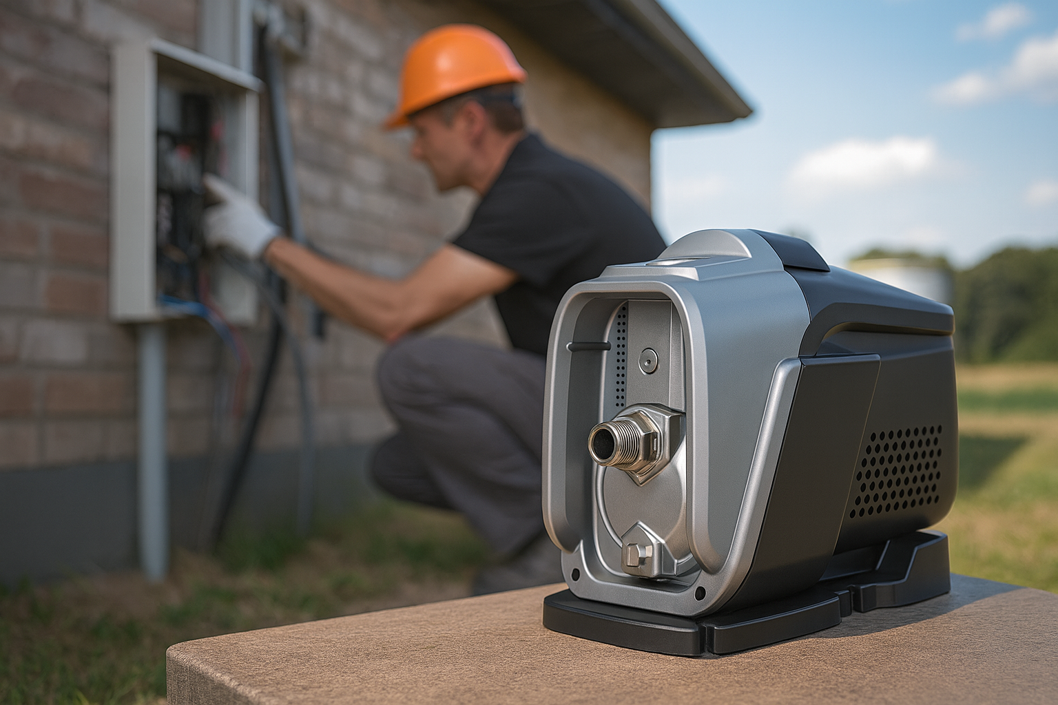 A modern water pump installed outdoors next to a house