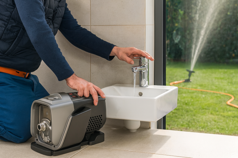 Technician testing a RAFSUN Booster Pump connected to a small indoor sink, while a garden sprinkler runs outside. The modern compact pump with digital controller ensures constant water pressure for both indoor taps and outdoor irrigation. RAFSUN Booster Pump provides energy-efficient, reliable water supply for households, kitchens, bathrooms, and garden watering systems.
