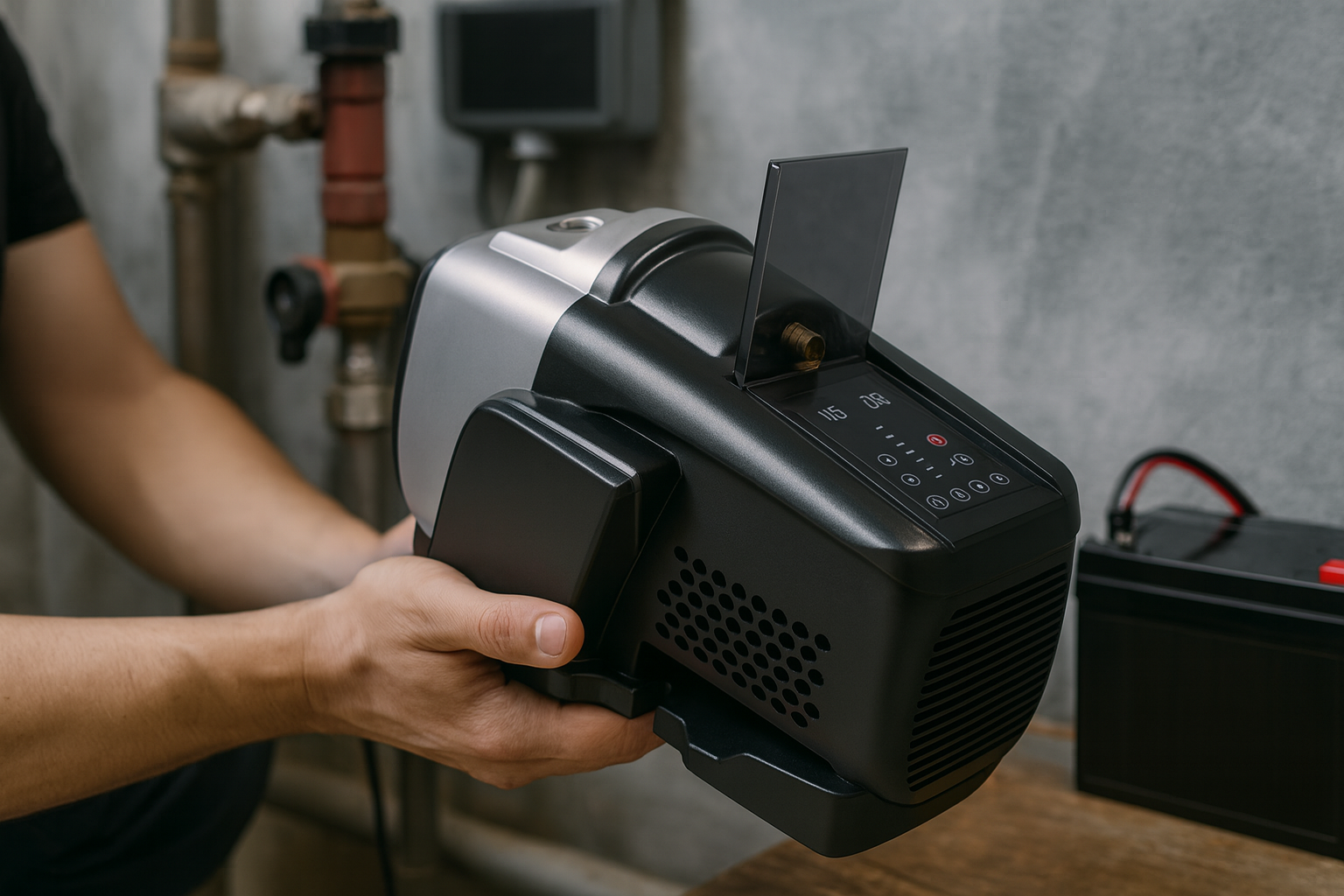 An inverter booster pump setup with a backup battery system
