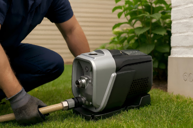 A technician connecting a RAFSUN RUC water pressure booster pump in a residential garden. The compact booster pump ensures constant water pressure for showers, kitchens, washing machines, dishwashers, and garden irrigation. RAFSUN’s advanced design combines efficiency, quiet operation, and durability for reliable household and small building water supply.