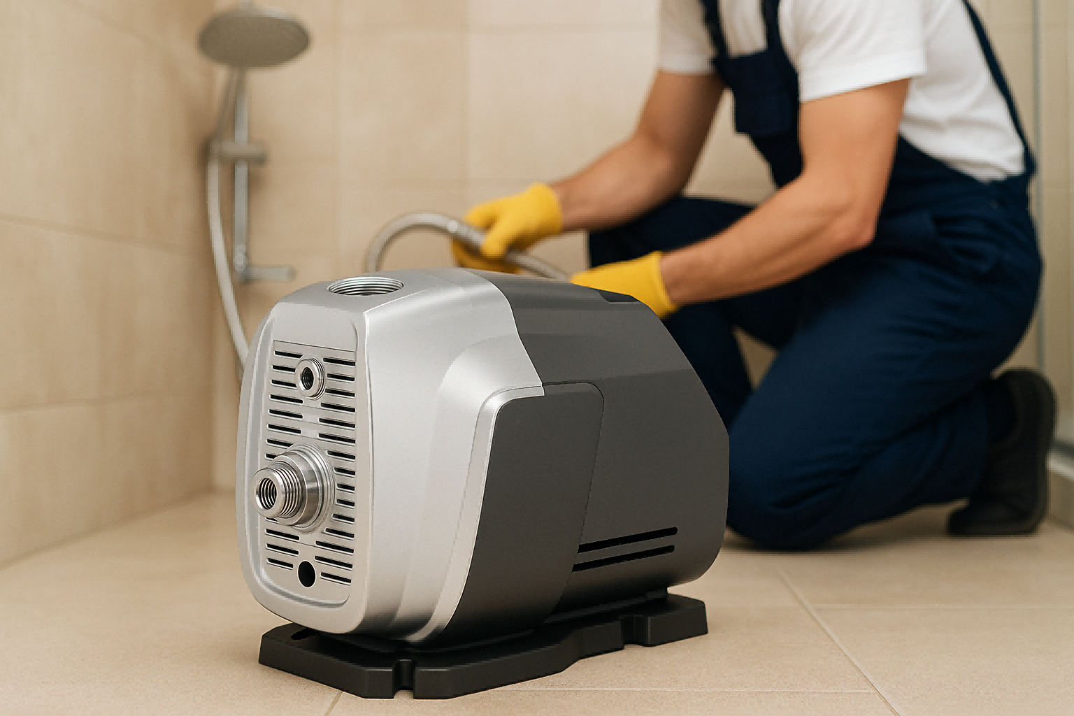 A modern water pressure booster pump installed in a clean utility room