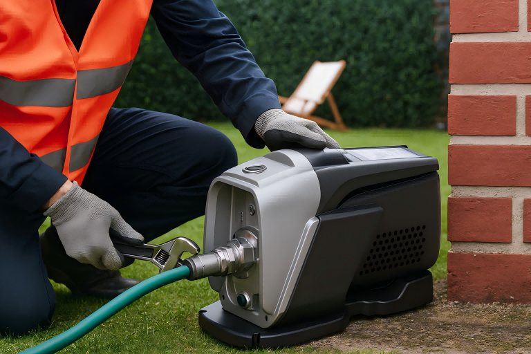 A professional technician in safety gear installing a RAFSUN RUC water pressure booster pump with a garden hose connection. This high-efficiency booster pump provides stable and constant water pressure for residential and commercial applications including showers, kitchens, laundry systems, and irrigation. RAFSUN pumps are engineered for durability, energy savings, and quiet operation.
