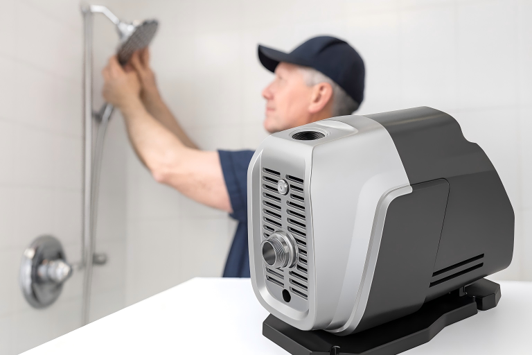 A RAFSUN water pressure booster pump installed in a residential bathroom, with a technician adjusting the shower system to ensure strong and stable water flow. This high-performance constant pressure pump increases water supply for showers, faucets, kitchens, and home appliances, showcasing RAFSUN’s reliable booster pump technology.