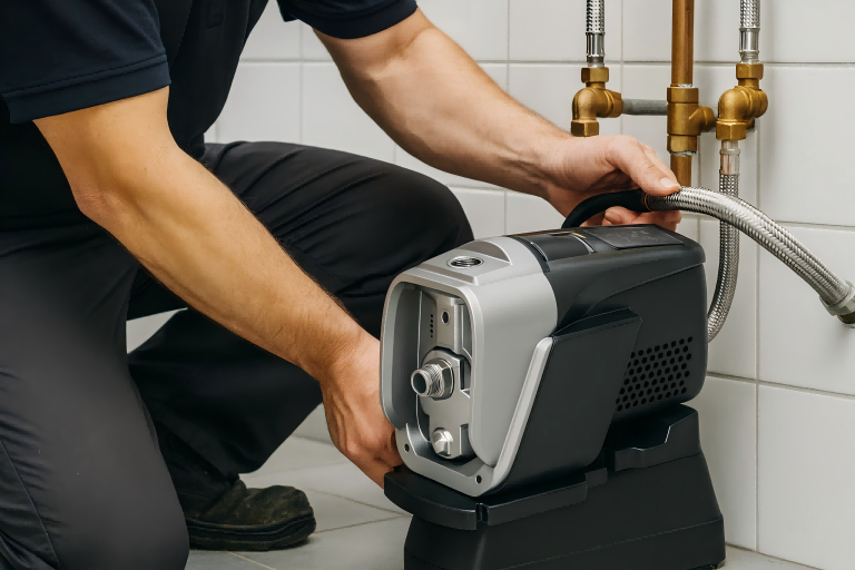 A technician installing a RAFSUN RUC water pressure booster pump indoors, connecting it to copper water pipes in a residential bathroom. This compact and efficient booster pump ensures constant water pressure for showers, faucets, washing machines, and hot water systems. RAFSUN’s advanced design provides quiet operation, energy efficiency, and reliable performance for household water supply.