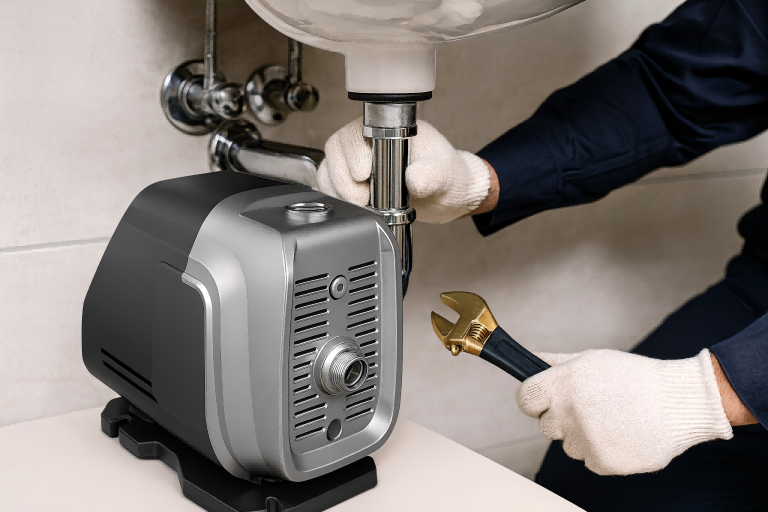 A RAFSUN water pressure booster pump being installed under a bathroom sink by a technician using a wrench. This compact constant pressure pump enhances water flow for faucets, showers, kitchens, and household appliances. RAFSUN’s booster pump is designed for quiet operation, durability, and reliable water supply in residential systems.