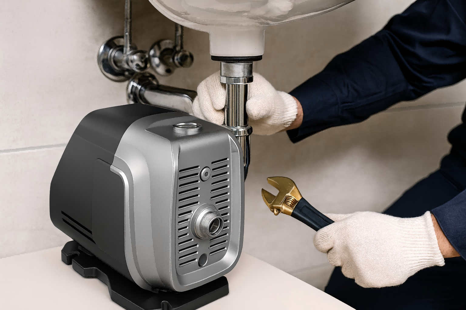 A modern, energy-efficient booster pump installed in a clean utility room