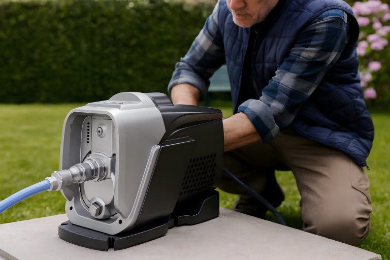 A homeowner operating a RAFSUN water pressure booster pump outdoors with a blue hose connection. The compact RAFSUN booster pump is designed to deliver constant and reliable water pressure for garden irrigation, household water supply, and outdoor applications. Built with durable materials and advanced technology, this RAFSUN water pressure booster pump ensures quiet performance, energy efficiency, and long-lasting reliability for residential use.