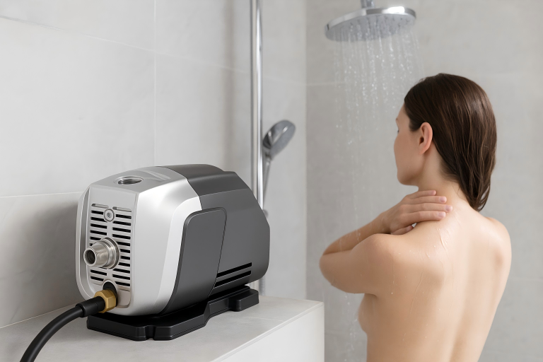 A RAFSUN water pressure booster pump in operation during a shower, providing strong and stable water flow for comfortable bathing. This high-performance constant pressure pump improves household water supply for bathrooms, kitchens, and daily use, making RAFSUN a trusted brand for reliable residential booster pump solutions.